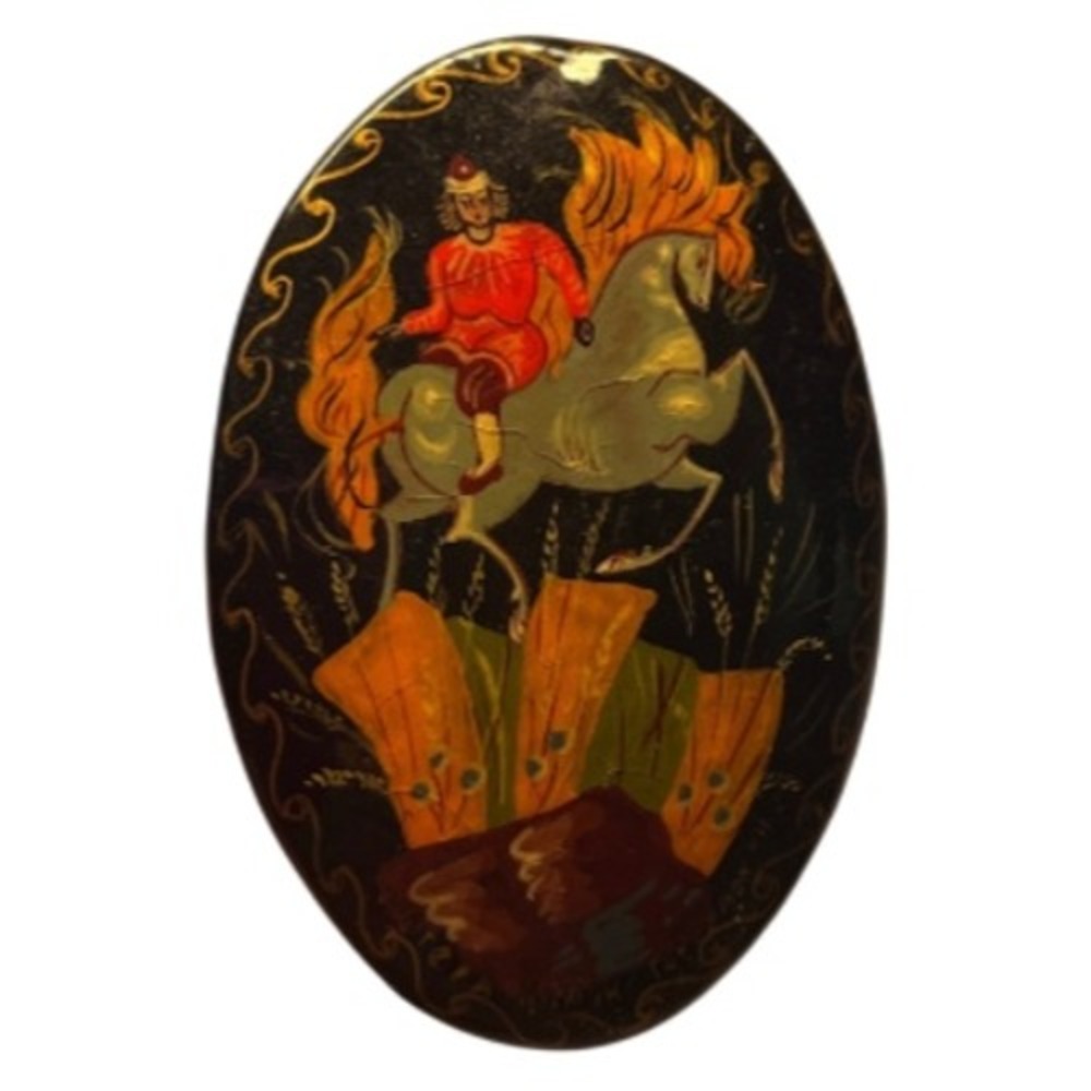 Brooch Russian‎ Fairytale Oval Wood Hand Painted Enamel Pin Horse Renaissance